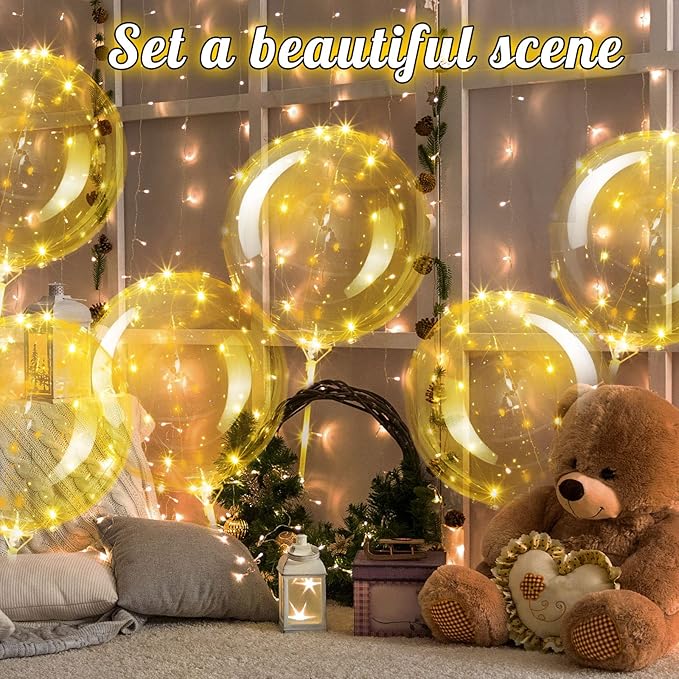 Vinsot 30 Pack LED Bobo Balloons Light Up Balloons Clear Helium Bubble Bobo Glow with String Lights for Parties Birthday Wedding Decoration(Warm Light 20 Inch, 30)