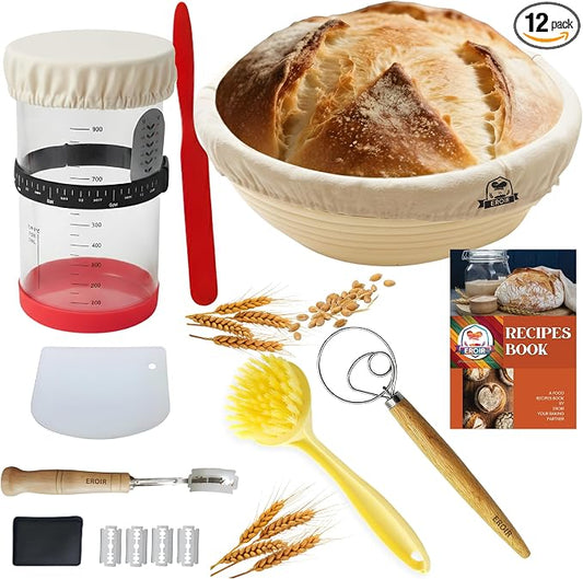 EROIR Sourdough Starter Jar Kit - 38oz Glass Jar with Date Marked Feeding Band, Thermometer, Jar Scraper, 9" Round Bread Proofing Basket, Dough Whisk, Lame, Bowl Scraper, Clean Brush, Recipes Book