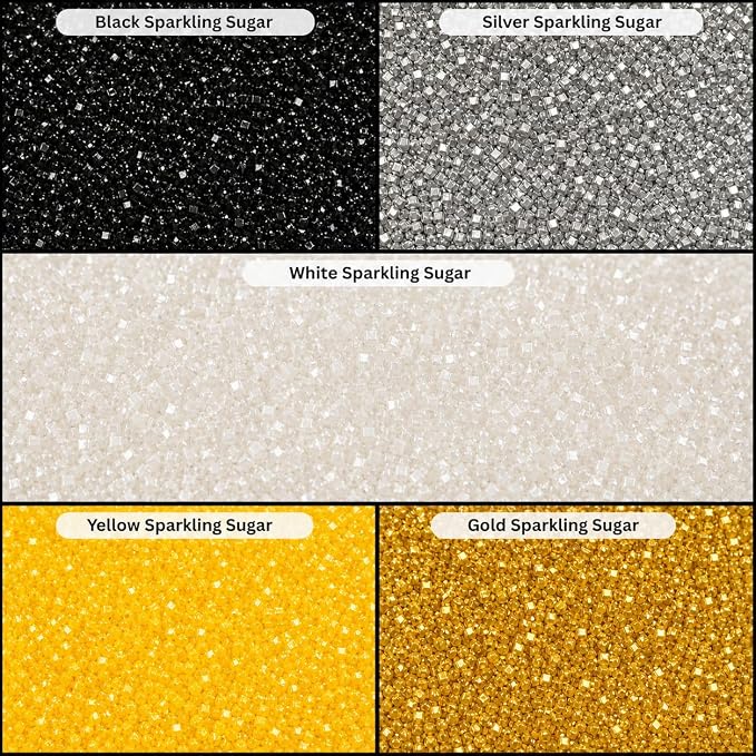 Confect Sparkling Sugar Sprinkle Mix – Edible Black, Silver, White, Yellow & Champagne Gold Sugar Crystals – Decorative Baking Toppings for Cakes, Cupcakes & Cookies – Vegan, Gluten-Free, Nut-Free, Soy-Free, Dairy-Free, Palm Oil-Free -Dye-Free-5 Oz