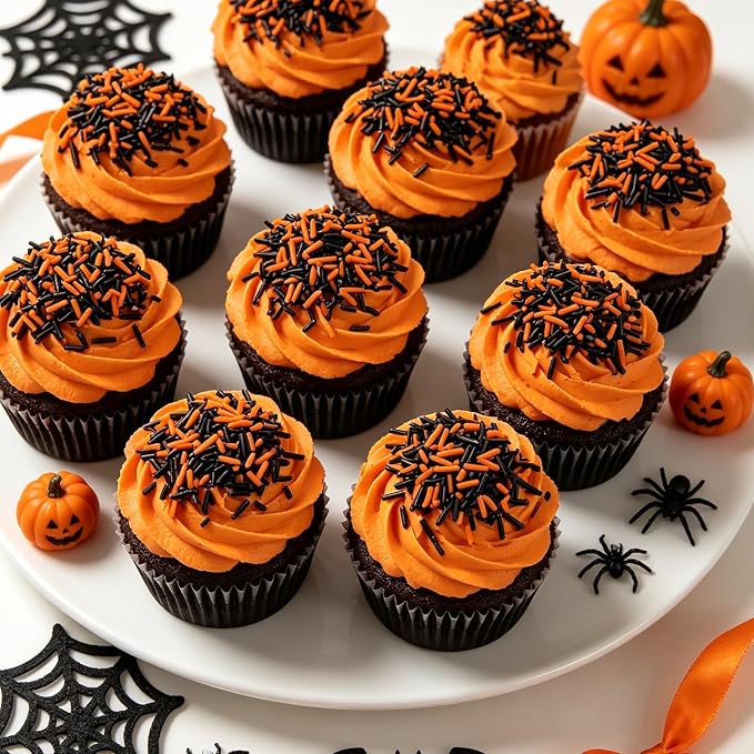 Homipooty Black and Orange Soft Jimmies Sprinkles Edible Sprinkles Sugar Candy for Cake Decorating 78g/2.75oz Cookie Cupcake Topper Ice Cream and Dessert Decorating