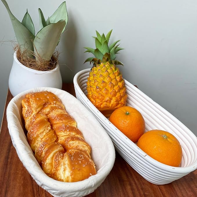 i-lan 14" Large Oval Sourdough Proofing Basket, Natural Rattan Banneton for Artisan Loaves & Baguettes, 2.5lb Capacity Rising Bowl with Liner, Professional Baking Tool