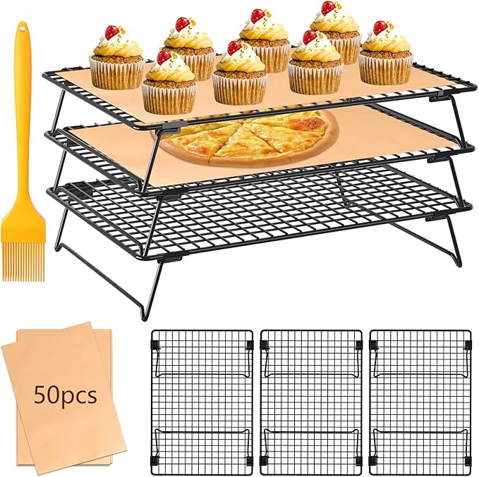3 Layer Detachable Collapsible Cooling Racks, 13 x 9 Inch Cooling Wire Rack Stackable Drying Rack Cookie Rack Bread Cooling Rack with Pastry Brush & 50 Parchment Paper Sheets