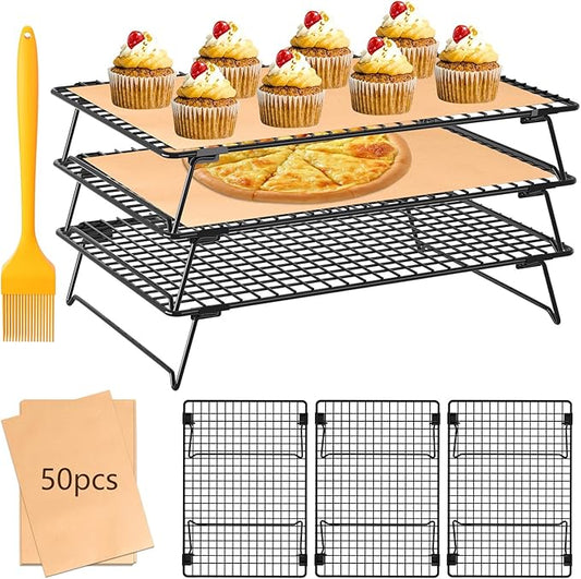 3 Layer Detachable Collapsible Cooling Racks, 13 x 9 Inch Cooling Wire Rack Stackable Drying Rack Cookie Rack Bread Cooling Rack with Pastry Brush & 50 Parchment Paper Sheets