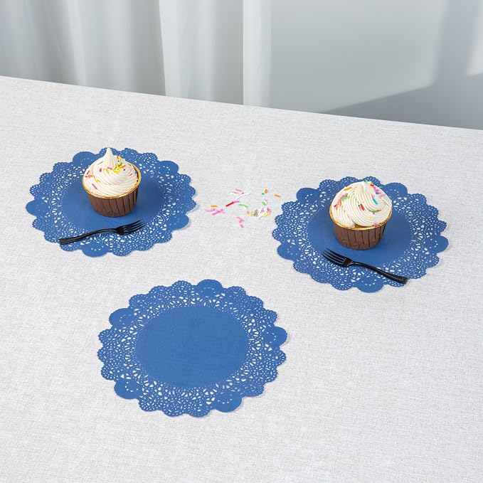 Restaurantware-Pastry Tek 8 x 8 Inch Paper Lace Doilies, 100 Disposable Table Doilies - Elegant Lace Finish, Long Lasting, Navy Blue Paper Placemat, for Pastries, Cupcakes, Desserts