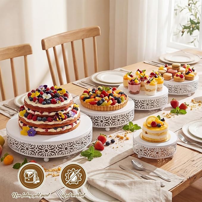 Wenqik 5 Pcs Metal White Cake Stand 16/14/12/10/8 Inch Round Cake Holder Display for Dessert Table Cookies Fruit Serving Tray Cupcake Pastry Riser for Wedding Birthday Party and Events