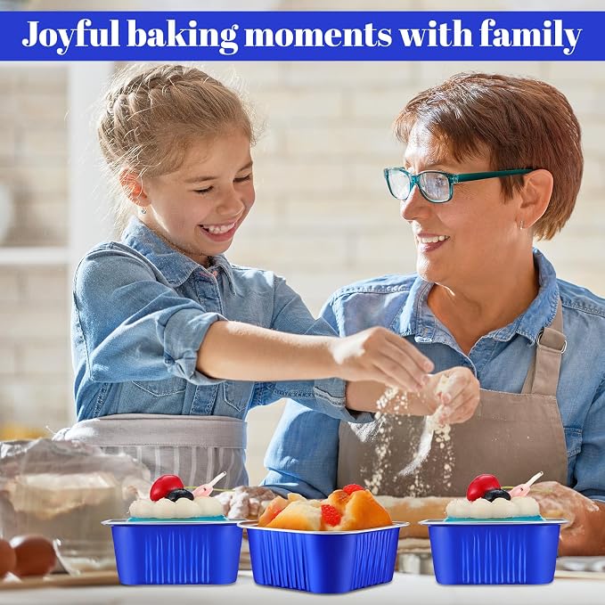 200 Pack 5 oz Mini Cake Pans with Lid, Aluminum Foil Mini Baking Tins, Square Disposable Cupcake Baking Cup Dessert Container for Wedding Birthday Party Picnic(Dark Blue,Classic)