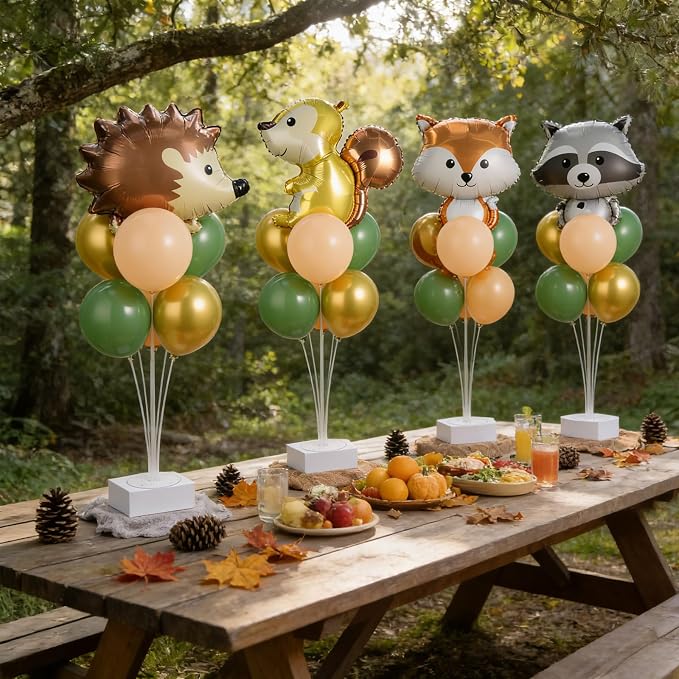 4 Sets Vbs Woodland Animals Party Balloons Stand Kit with Hedgehog Raccoon Fox Squirrel Foil Balloons Sage Green Brown Balloon Centerpiece for Tables for Forest Safari Jungle vbs Birthday Party Decor