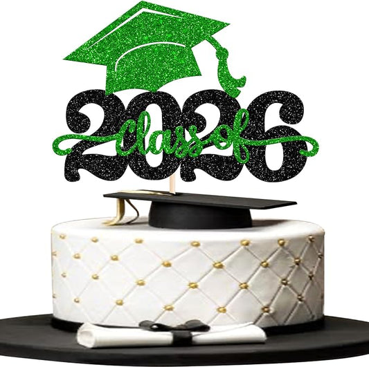 1 Pack Class of 2026 Cake Topper Glitter Congrats Grad Cap 2026 Graduation Cake Pick for 2026 Graduation Theme High School Boys Girls Graduate Party Cake Decorations Supplies Black Green