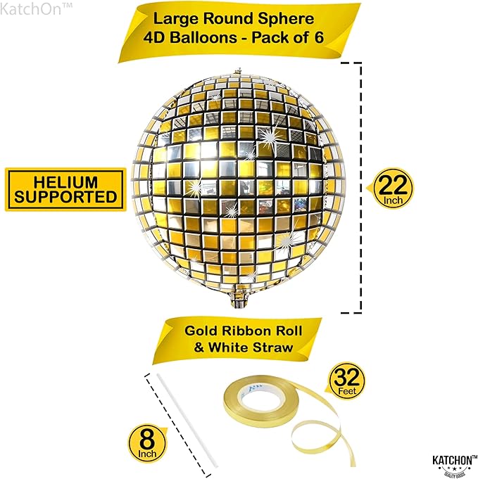 KatchOn, Gold and Silver Disco Ball Balloons - Big 22 Inch, Pack of 6 | 4D Sphere Balloons, Disco Party Decorations | 70s Party Disco Ball Decoration, 2026 Graduation Decorations, Engagement Wedding