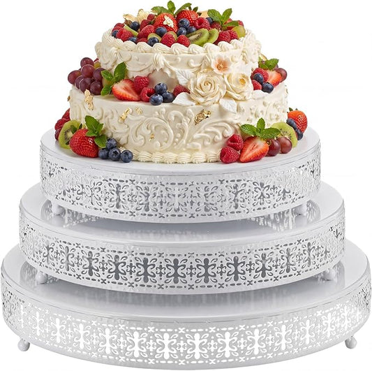 Wenqik 3 Pcs 16'' 14'' 12'' Metal White Cake Stand Round Cake Stands for Dessert Table Cookies Fruit Serving Tray Cupcake Dessert Pastry Riser for Wedding Birthday Party and Events (Retro Style)