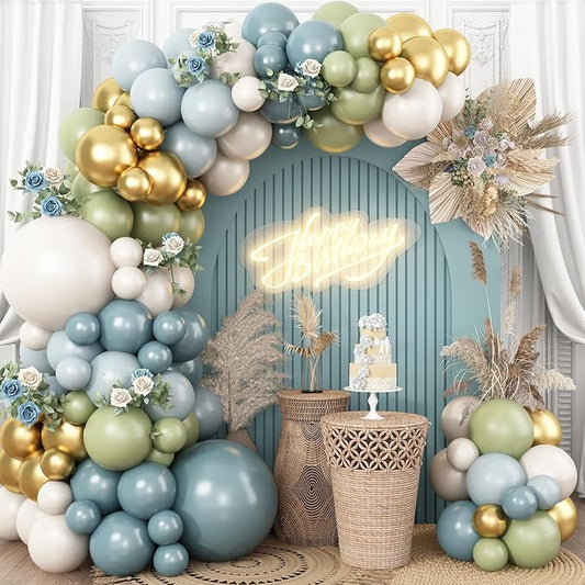 Dusty Blue Green Balloon Garland Kit, Slate Blue Haze Fog Blue Sage Green Beige Gold Balloon Arch Kit, Pastel Olive Green Retro Blue Balloons Arch for Birthday Boho Bridal Shower Wedding Decorations