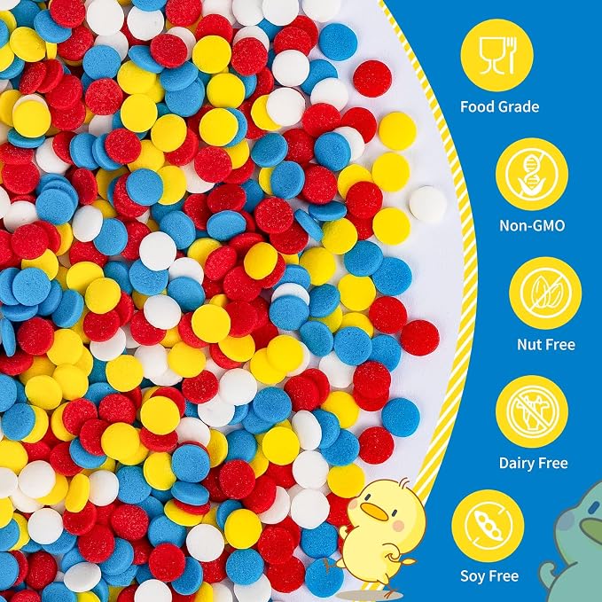 Colorful Round Confetti Sprinkles,Edible Cake Decorations for Baking,130g,Red Blue Yellow and White Sugar Sprinkle,fancy baking Cupcakes Cookie Donuts Ice Cream Toppers,Duck Themed Desserts,Birthday,Children's Party Supplies