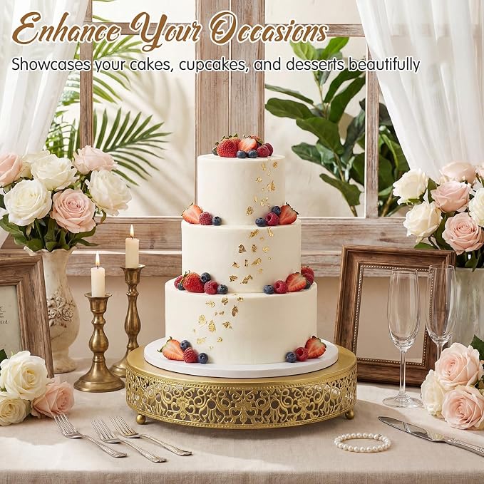 Wenqik 12 Inch Gold Cake Stand Set Metal Round Cupcake Dessert Stand with Cake Cutting, Spatula Wedding Cupcake Pastry Display Candy Holder Display for Wedding Party Birthday Baby Shower(Classic)