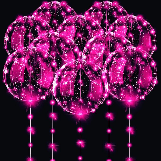 LED Balloons 10 PACKS, 20 Inches Light Up BoboBalloons Helium Style,Glow Bubble Balloons for Christmas Wedding Birthday Valentines Day Halloween Party Supplies Decorations (Pink light)