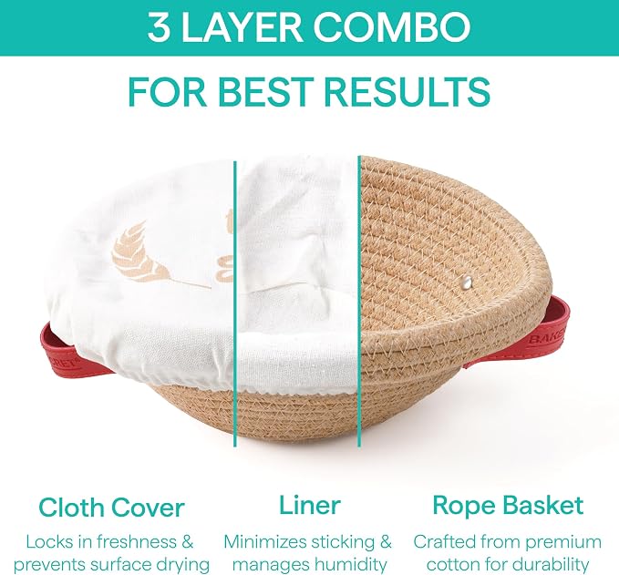 Baker's Secret Cotton Rope Banneton Bread Proofing Basket Set, 2 x Round Bread Basket with Liners & Covers for Artisan Bread Baking, Sourdough Bread Baking Supplies