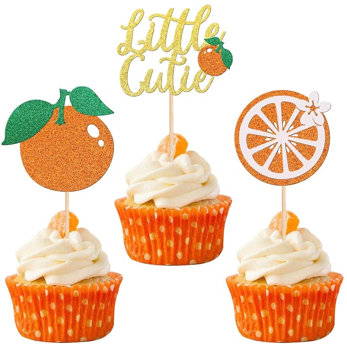 30 PCS Little Cutie Cupcake Toppers Glitter Fruit Orange Cupcake Picks for Citrus Theme Baby Shower Kids Boys Girls Birthday Party Cake Decorations Supplies Gold