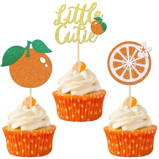 30 PCS Little Cutie Cupcake Toppers Glitter Fruit Orange Cupcake Picks for Citrus Theme Baby Shower Kids Boys Girls Birthday Party Cake Decorations Supplies Gold