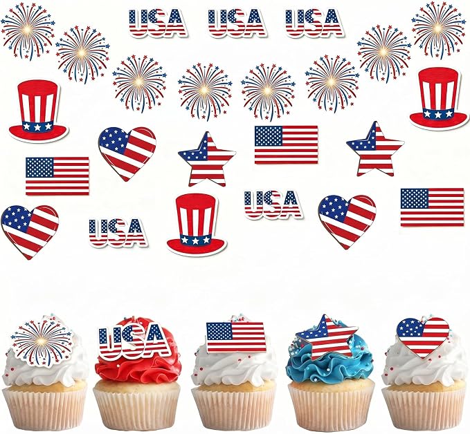 50PCS Edible American Flag Cake Decorations Patriotic Wafer Cupcakes Toppers for 4th of July, Independence Day Parties & Birthday Celebrations (50, American Flag & Star)