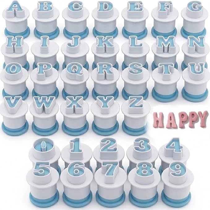 36 Pieces Alphabet Cookie Cutter Set,Include 26 Uppercase Letters and 10 Number Fondant Cake Biscuit Mold, Cake Decorating Tools, Cookie Stamp Impress,DIY Sugar Chocolate Plunger (Blue)