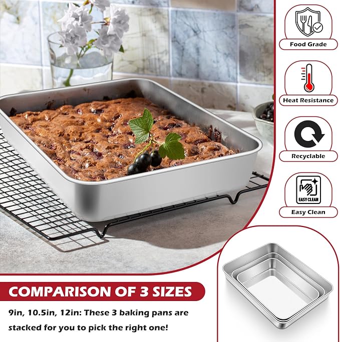 Leonyo 4 Pack Stainless Steel Lasagna Pan, 9.3 x 7 Inch Bakeware Cake Pan for Baking, Rectangle Baking Trays Sheet for Commercial Kitchen, Focaccia Bread, Casserole Dish - 2 Inch Deep
