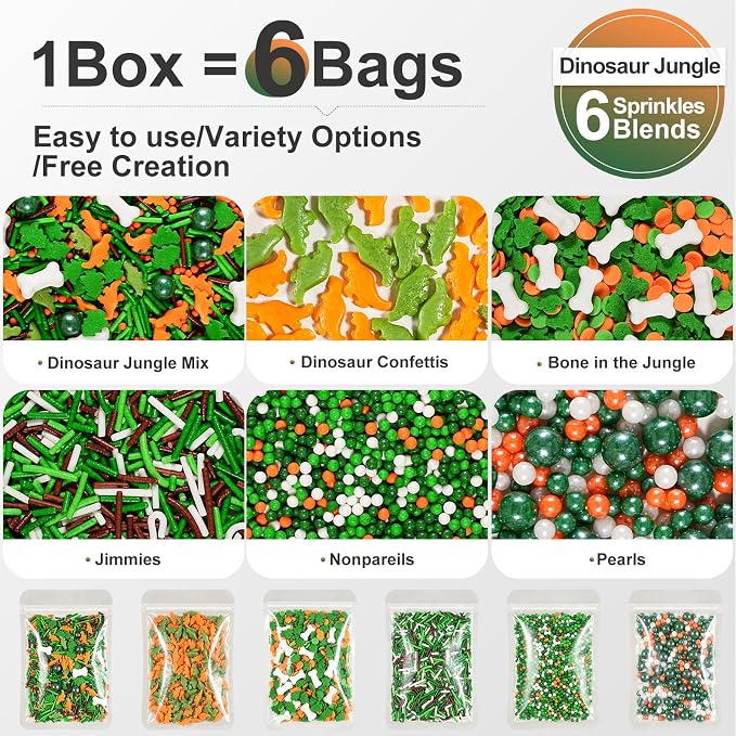 HUEBEATY Dinosaur Sprinkles with Bone, Jungle Cake Birthday Sprinkles, 180g | Dinosaur Confetti, Tree Confetti, Bone Sprinkles, Jungle Party Sprinkles for Birthday Cakes, Cupcakes, Cookies Decorating