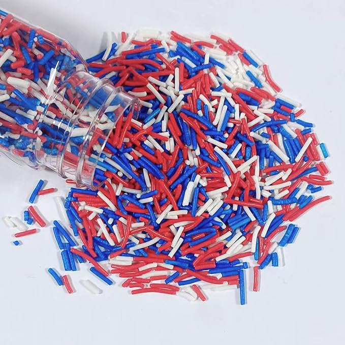 Sentovac Patriotic Jimmies Sprinkles Edible for Cake Decorating 4th of July Red White and Blue Sprinkles Sugar Candy Cookie Cupcake Topper Ice Cream Baking Decorations Supplies 3.35oz
