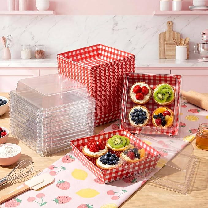 Potchen 50 Pack Red and White Checkered Charcuterie Boxes with Clear Lids, Red & White Buffalo Plaid Gift Boxes with Window for Pizza Party Decorations Wedding Bridal Baby Shower Picnic Buffet