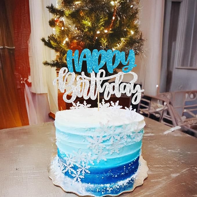 Gyufise 1Pcs Happy Birthday Cake Topper Glitter Happy Birthday Cake Pick for Winter Wonderland Wedding Anniversary Theme Party Cake Decorations Supplies Blue Silver