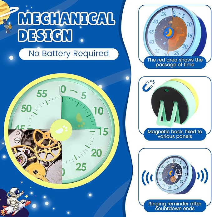 Tellegloww 3 Pcs Visual Timer for Kids 60 Minute Desk Mechanical Countdown Timers with Magnetic Backing Foldable Legs Hanging Hole for Kitchen Cooking Classroom Whiteboard, Kids with Autism