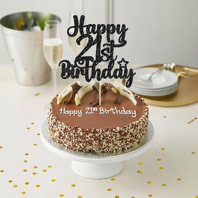 Gyufise 1Pc Happy 21st Birthday Cake Topper Glitter 21 & Fabulous Cheers to 21 Years Old Birthday Cake Pick for Celebrating 21st Anniversary Party Cake Decorations Black