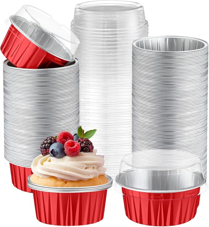 200 Pack Aluminum Foil Cupcake Liners with Lids, 5 oz Round Baking Cup, Disposable Ramekin Container for Graduation Wedding Independence Day Party(Red,Plain)