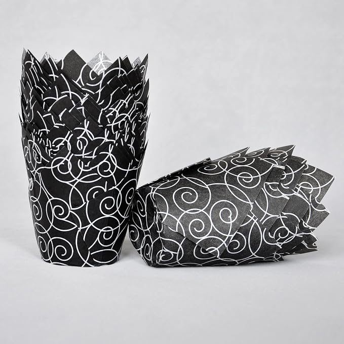 QLSmypkg Muffin Greaseproof paper Baking cupcake cups, 2"(Bottom diameter) x 3-1/2"(Height) Black Fancy Floral Print Tulip Baking Cup Case of 125 pcs (125, Standard)
