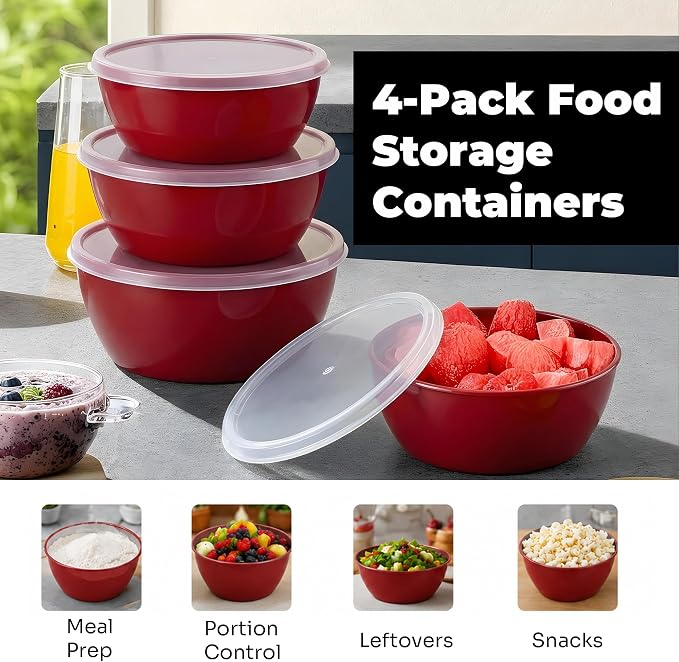 ZHANG XIAO QUAN SINCE 1628 Food Storage Containers Set of 4, PP5 Plastic Fresh-Keeping Container BPA Free, Airtight Lids, Microwave and Freezer Safe, RED