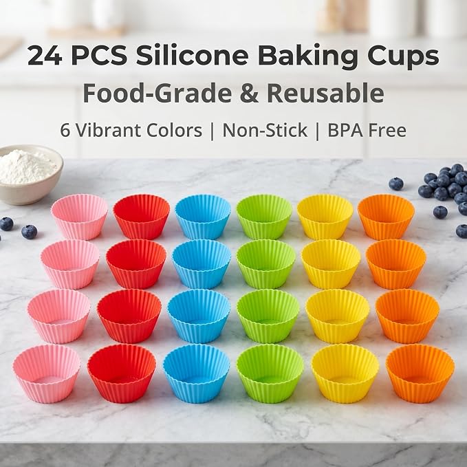 Baking Cups 24 Pack, Multi-color Reusable Silicone Cupcake Liners, Non-stick and Flexible Muffin Pans for Baking, Easy To Clean Cupcake Molds
