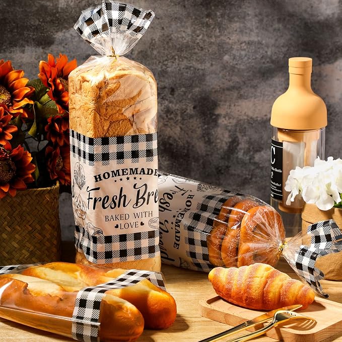 Containlol 100 Pack Bread Bags for Homemade Bread with Twist Ties, Clear Plastic Bakery Bags with Black Buffalo Plaid Design for Sourdough, Cookies, Rolls, Home Bakers Gift Packaging