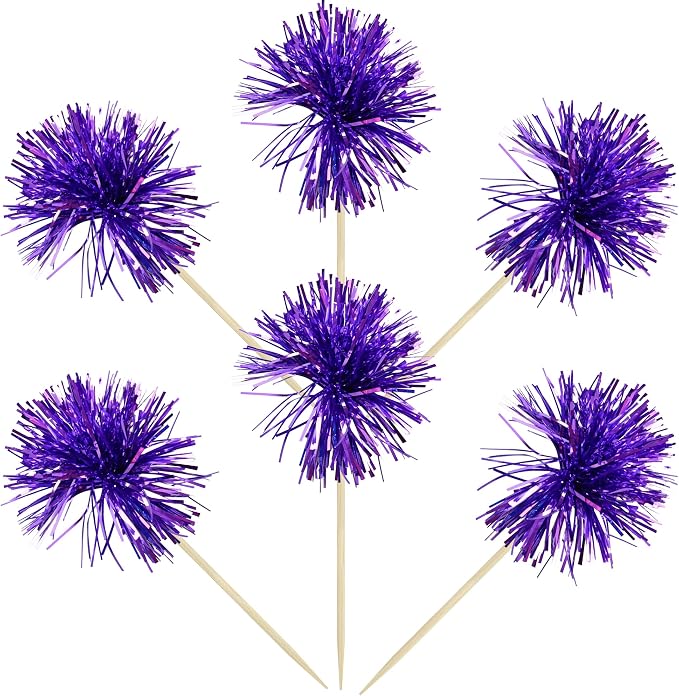 Gyufise 30Pcs Foil Firework Cupcake Toppers Sparkle Tinsel Cake Toppers Tinsel Drink Cake Decoration Cocktail Picks for Birthday Wedding Graduation Party Supplies Dark Purple