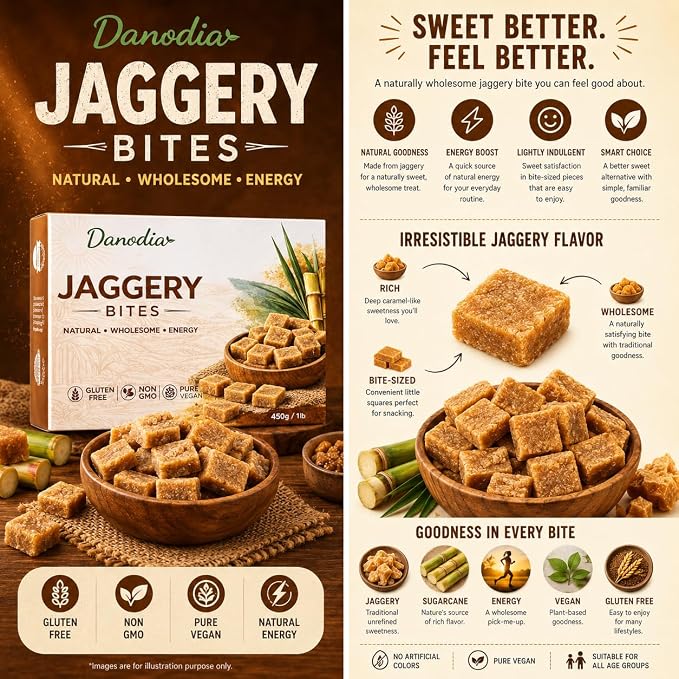 Danodia Foods Organic Jaggery Bites, Cane Gur Sweetener, 1 lb Pack | Jaggery gur pieces for chai, coffee, desserts and cooking; No Preservatives; traditional Indian cane sweetener; pantry use