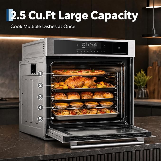 Garvee 24 Inch Built-in Steam Electric Oven Combo, 2.5 Cu.ft Convection Wall Oven, 5 Cooking Modes, Steam Function, Triple-Layer Glass, Easy Clean Interior, Timer & Safety Lock, Silver