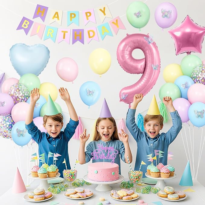 Pastel 9th Birthday Decorations for Girl,Macaron Rainbow 9th Party Decoration Colorful Balloons Banner Star Heart Number 9 Foil Balloon Cake Topper Butterfly Party Decorations