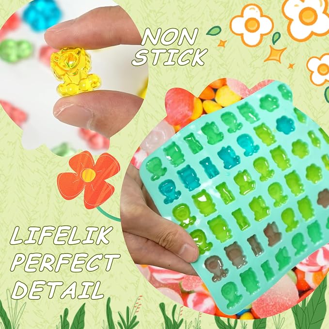 7Pcs Gummy Bear Molds Silicone, Nonstick Animals Gummy Molds Includes Bear, Lions, Lucky Cats, Hippopotamus, Gummy Candy Chocolate Molds for Kids with 2 Droppers for Convenient Filling