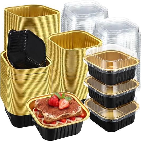 300 Pack 5 oz Black Gold Mini Cake Pans with Lid, Aluminum Foil Mini Baking Tins, Square Disposable Cupcake Baking Cup Dessert Container for Wedding Birthday Party Favors Picnic Supplies