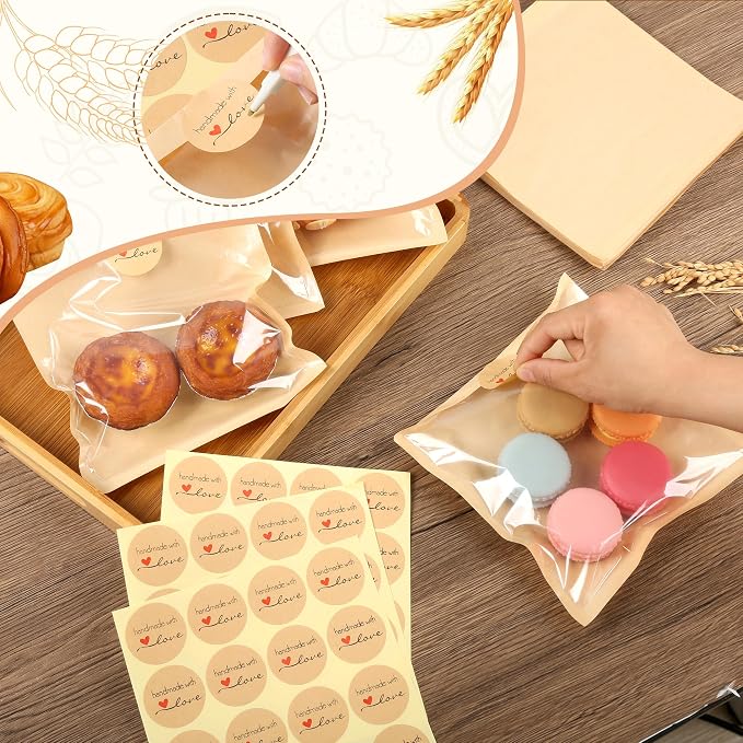 100 Pcs Cookie Packaging Bags with Window, 5.7" x 6.5" Kraft Paper Bakery Bags, Heat-Sealable & Grease-Resistant Pastry Bags with 128 Stickers for Cookies, Donuts, Sandwiches, Party Treats (Brown)