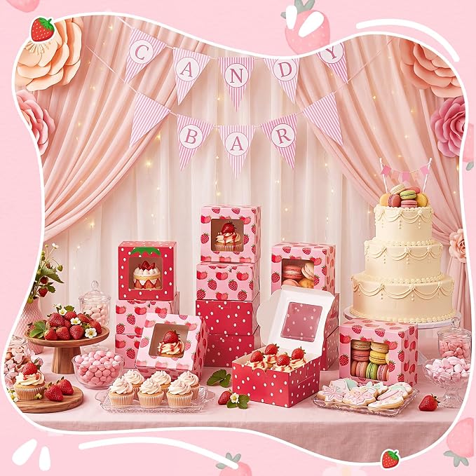 50 Pack Strawberry Cookie Boxes with Window, Berry Sweet Treat Boxes for Berry First Birthday, Strawberry & Summer Party Bakery Favors for Cookies, Macarons & Cupcakes