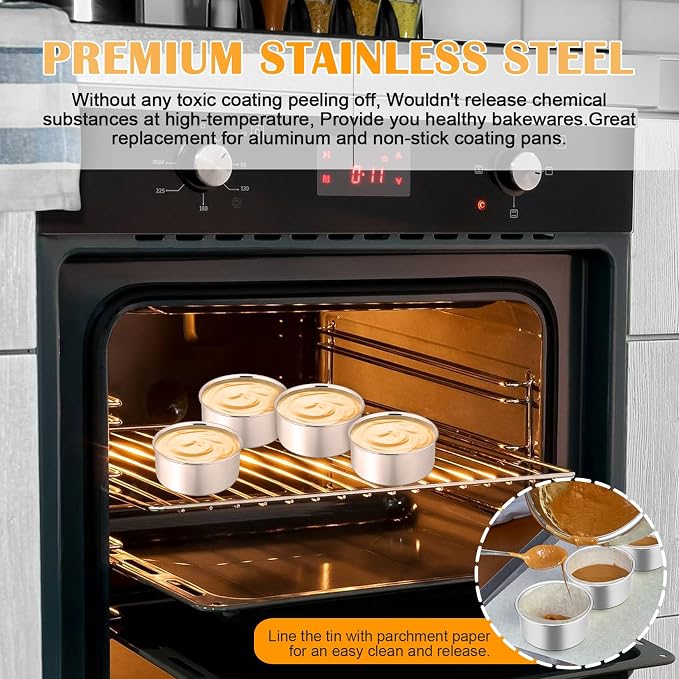 P&P CHEF 4 Inch Cake Pan Set of 4, Stainless Steel Baking Round Cake Pans Tins Bakeware for Birthday Wedding, Leak-proof & Easy Clean, Mirror Finish & Easy Releasing