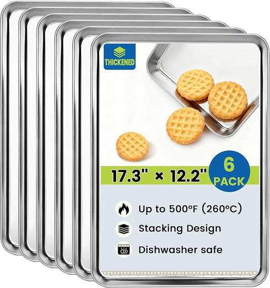 BIEAMA 6 Pack Stainless Steel Toaster Oven Baking Sheets, 17.3 x 12.2 in | Stainless steel pans with no chemical coating, mirror-polished finish and rolled edges; dishwasher safe, oven safe to 500°F.