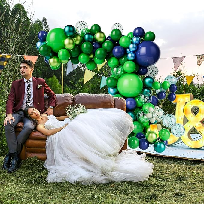 Green Dark Blue Balloon Garland Arch Kit, Dark Blue and Green Latex Balloons, Confetti Balloons for Wedding Birthday Festival Graduation Party Decorations