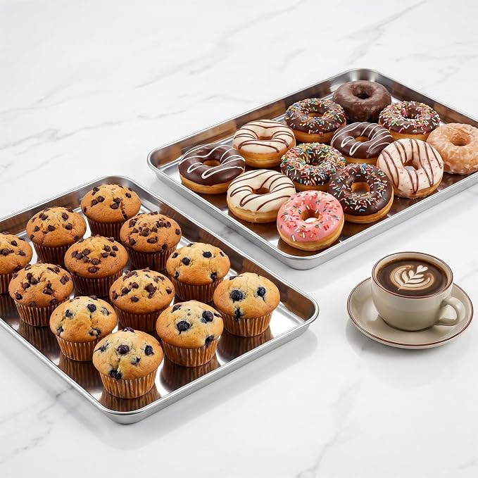 2 Pcs Baking Sheet 12.5" x 10" Stainless Steel Quarter Sheet Pan Set | Toaster Oven Pans for Baking, Metal Cookie Tray, Cookie Sheets Baking Pans, Nonstick for Cooking Toasting Dishwasher Safe