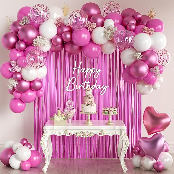 157PCS Hot Pink White Balloons Garland Arch Kit with Fringe Curtain for Wedding Engagement Anniversary Birthday Graduation Bridal Baby Shower Party Decorations