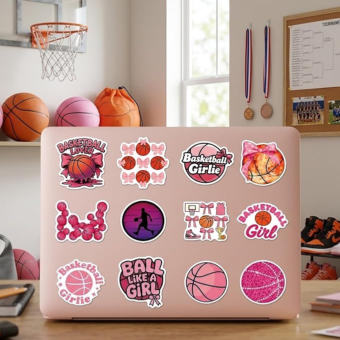 50 Pcs Pink Basketball Stickers for Scrapbooking, Waterproof Vinyl Girl Sport Stickers for Laptops Water Bottles Journals, Cute Bow Ball Decals for Kids Teens Girls