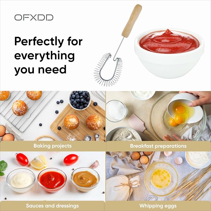 Stainless Steel Spiral Wire Whisk - Heavy Duty Coil Sauce & Gravy Whipper - Wooden Handheld Egg Whisks